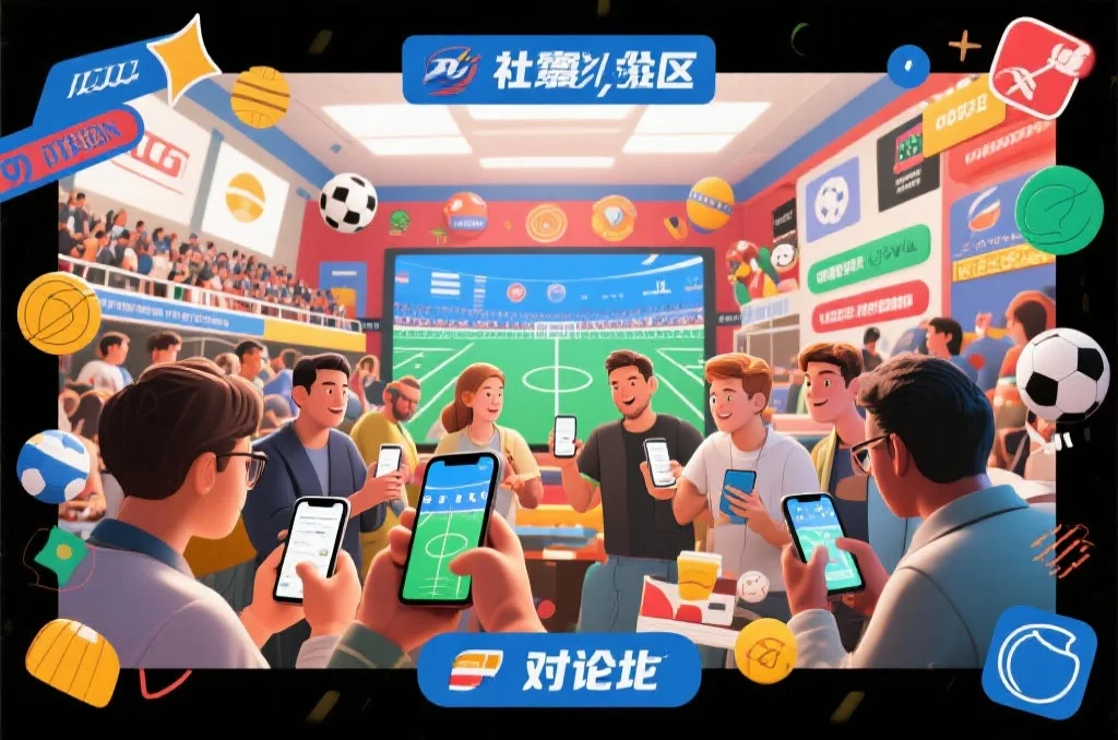 一个热闹的体育社区讨论区，用户在手机上积极交流赛事观点，四周有丰富的体育元素装饰