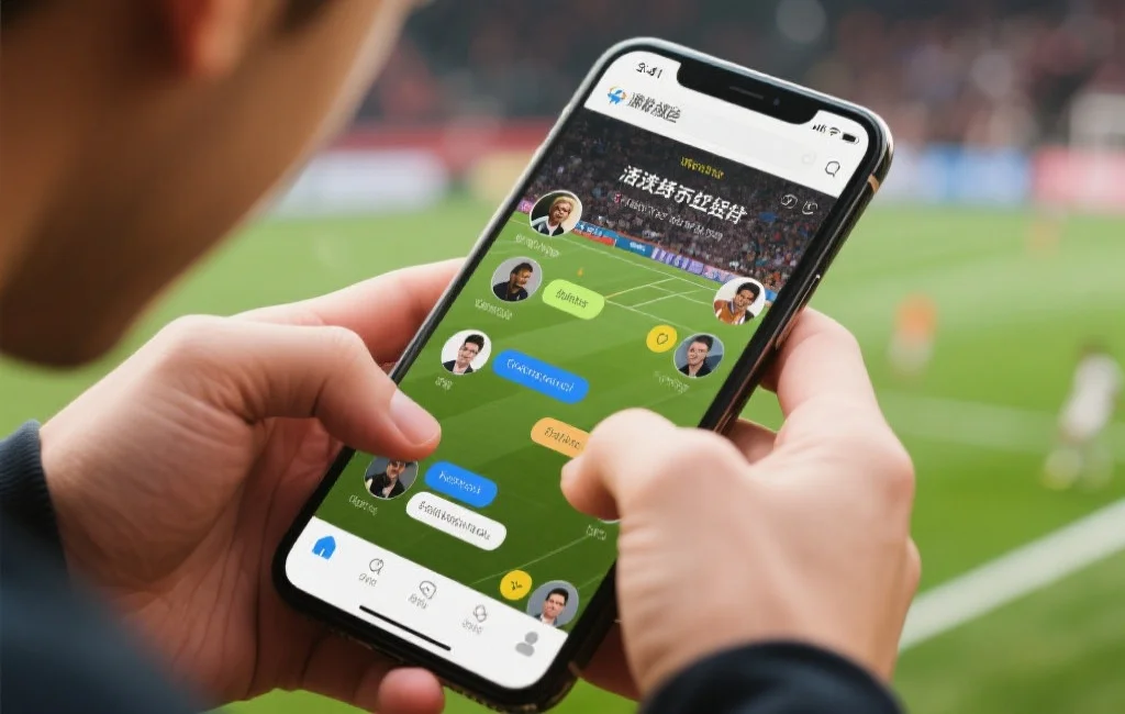 活跃的线上体育社区,用户正在手机上热烈讨论赛事,界面友好互动频繁
